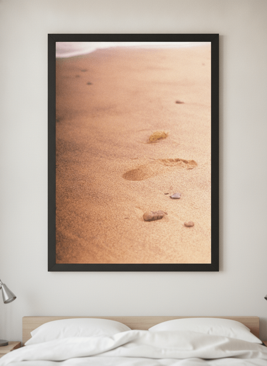 Minimalist artwork displayed in a calm, light-filled bedroom interior