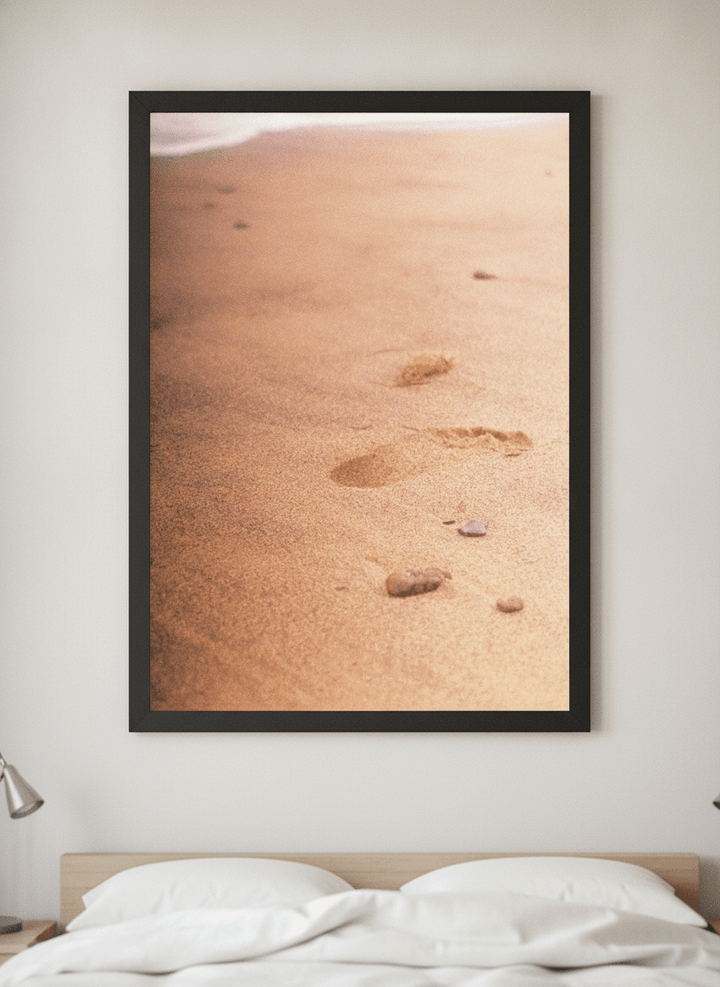Minimalist artwork displayed in a calm, light-filled bedroom interior