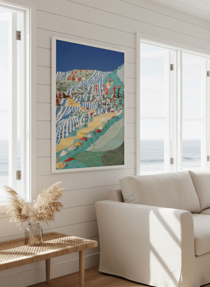 Neutral wall art displayed in a sunny coastal beach house