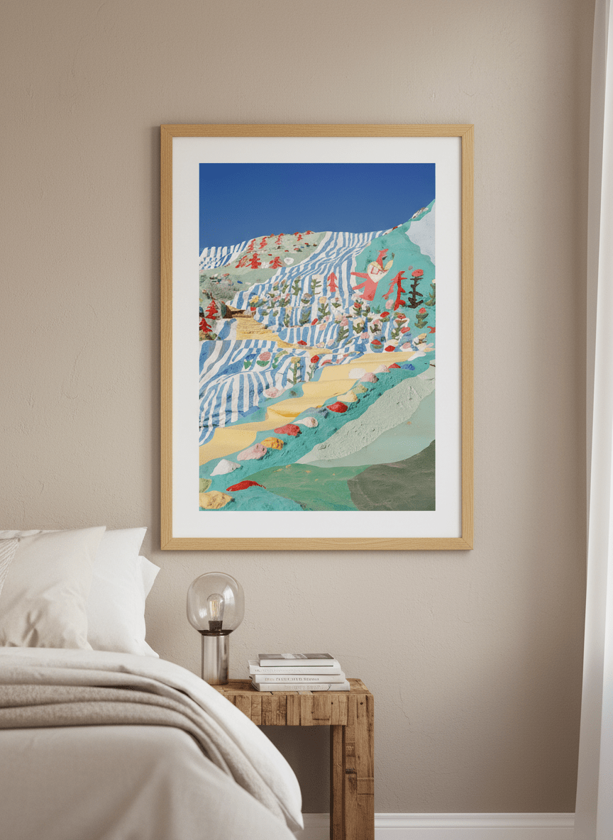 Minimalist artwork displayed in a calm, light-filled bedroom interior