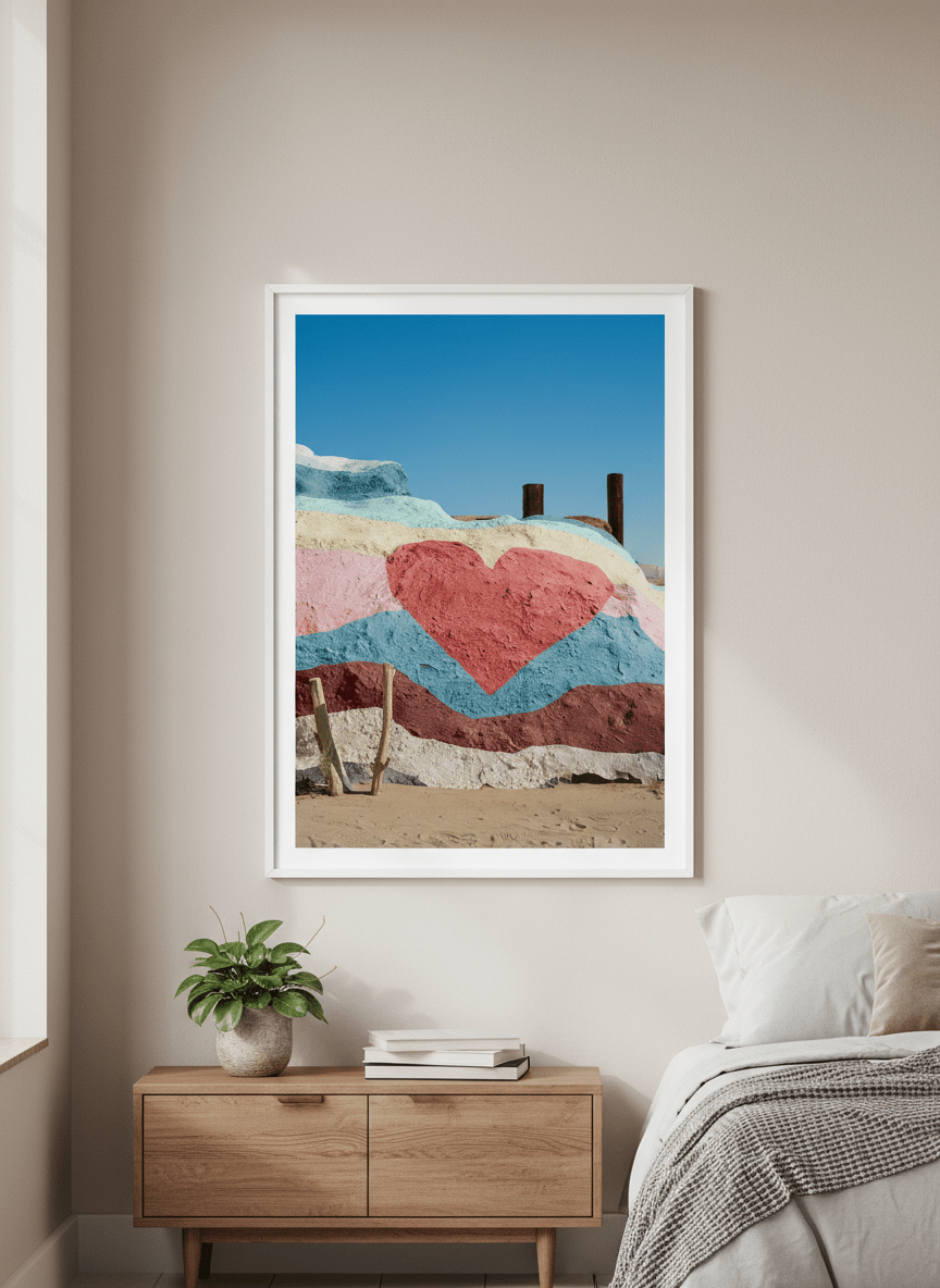 Minimalist artwork displayed in a calm, light-filled bedroom interior