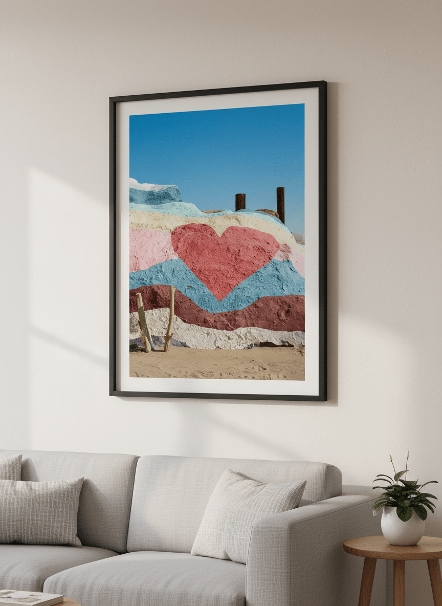 Modern wall art styled above a sofa in a neutral living room