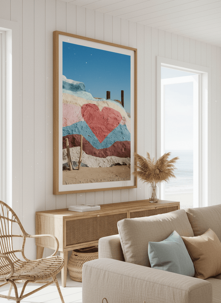 Neutral wall art displayed in a sunny coastal beach house