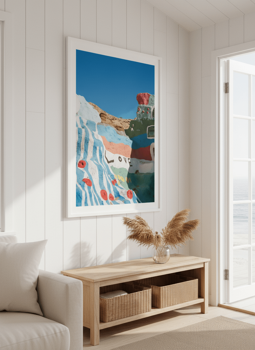 Neutral wall art displayed in a sunny coastal beach house
