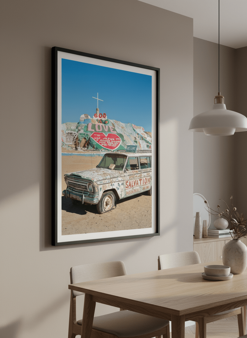 Wall art styled above a dining table in a contemporary home