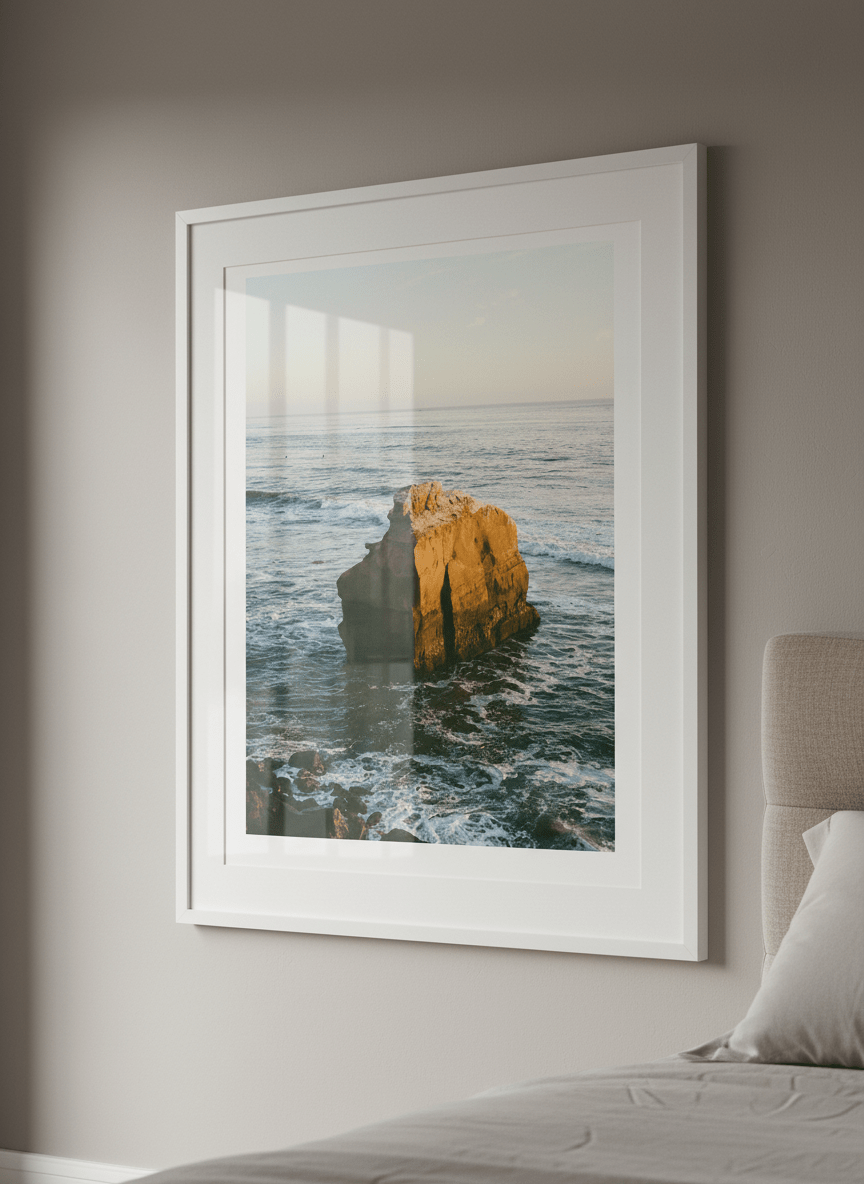 Minimalist artwork displayed in a calm, light-filled bedroom interior