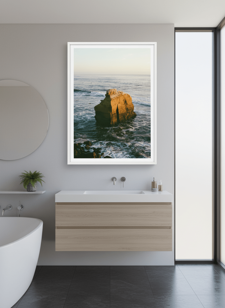 Modern print displayed in a clean minimalist bathroom setting
