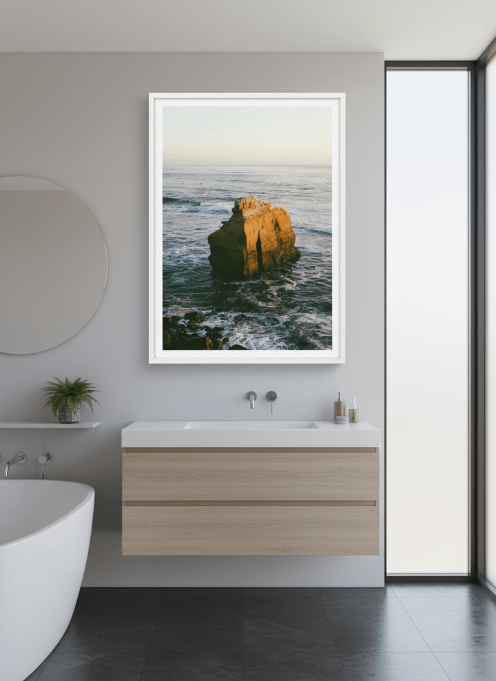 Modern print displayed in a clean minimalist bathroom setting