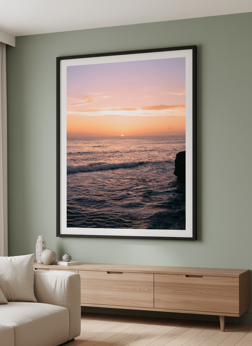 Modern wall art styled above a sofa in a neutral living room
