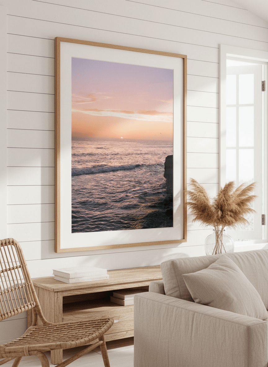 Neutral wall art displayed in a sunny coastal beach house