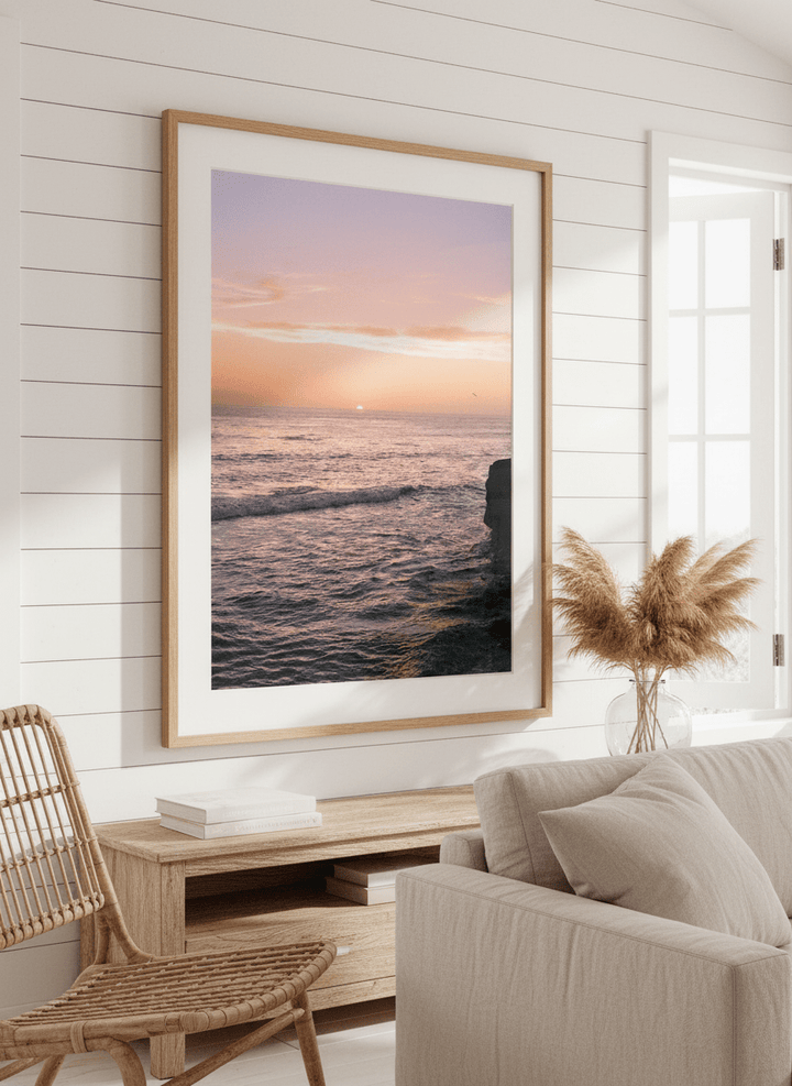 Neutral wall art displayed in a sunny coastal beach house
