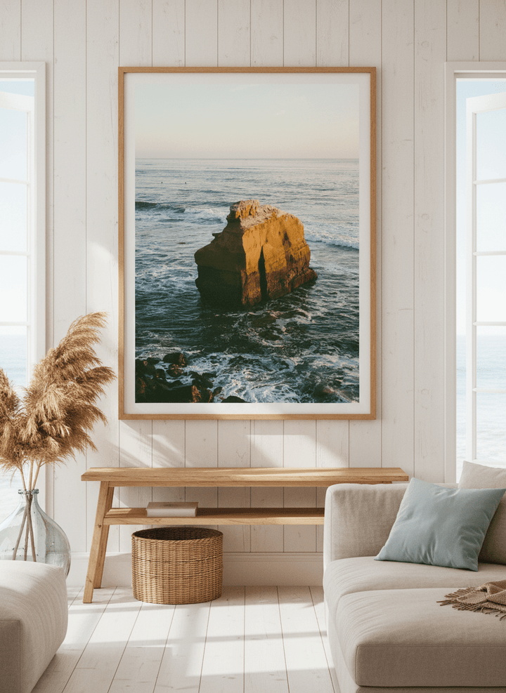 Neutral wall art displayed in a sunny coastal beach house