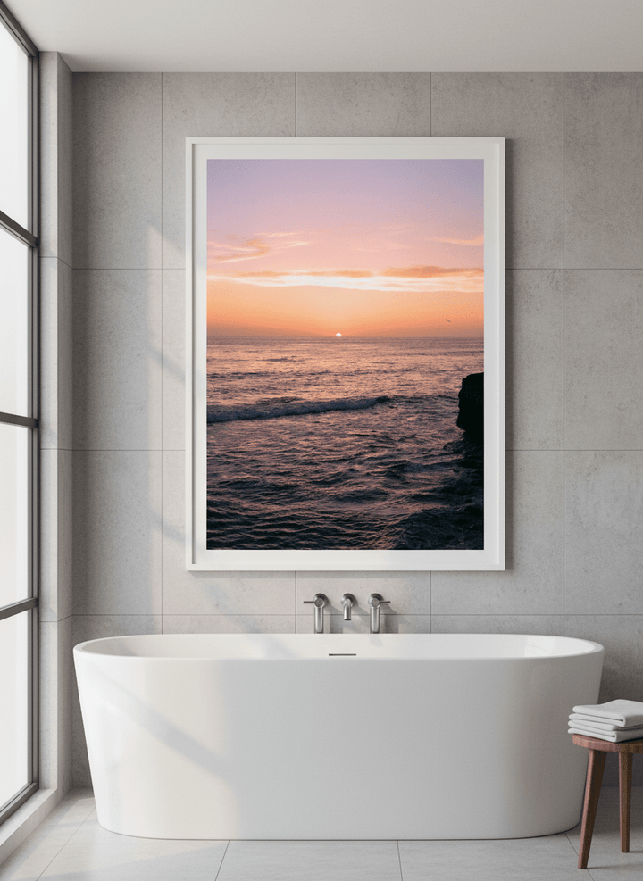 Modern print displayed in a clean minimalist bathroom setting