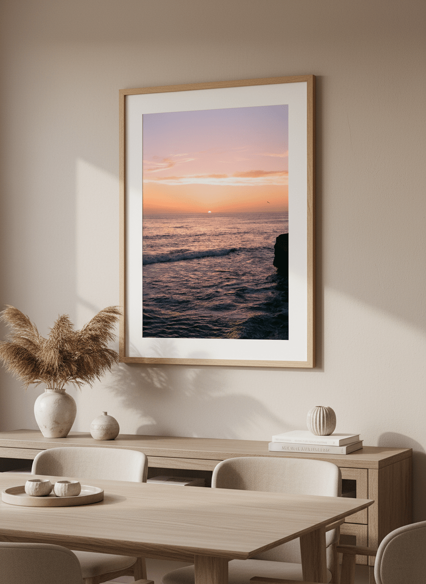 Wall art styled above a dining table in a contemporary home