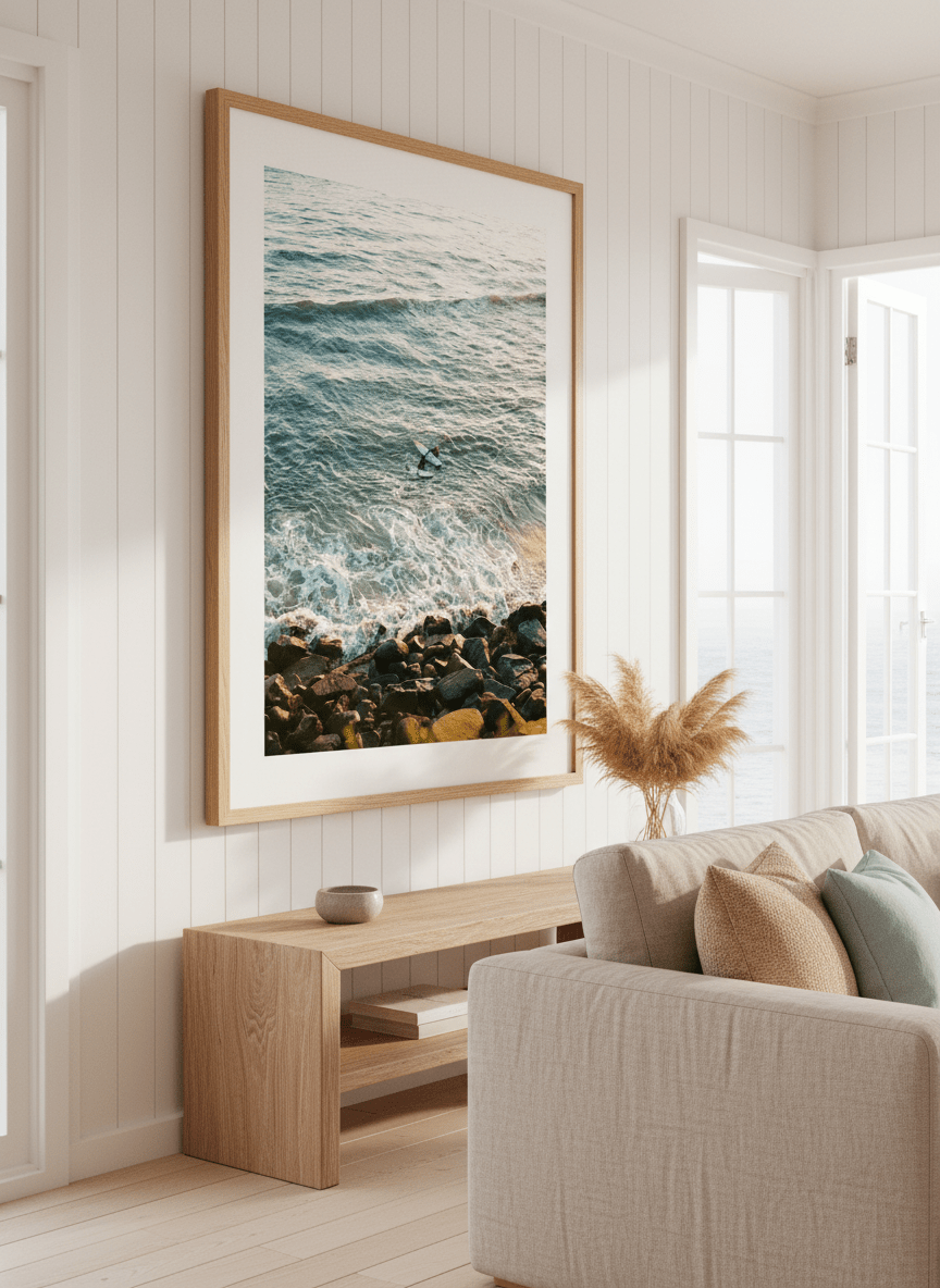 Neutral wall art displayed in a sunny coastal beach house
