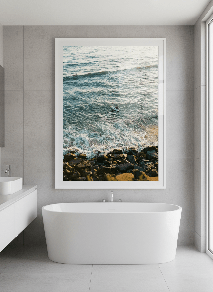 Modern print displayed in a clean minimalist bathroom setting