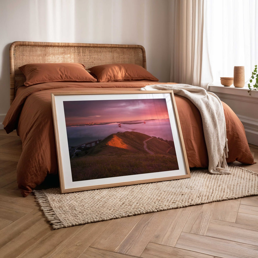 Artwork on a bed in a bedroom setting