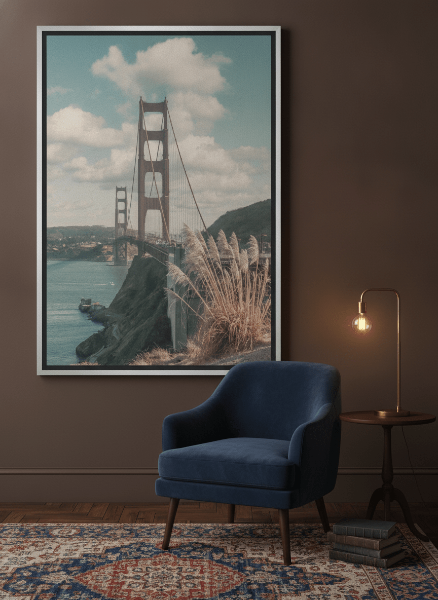 Canvas wall art with a silver leaf surround leaning against the wall in a moody home office