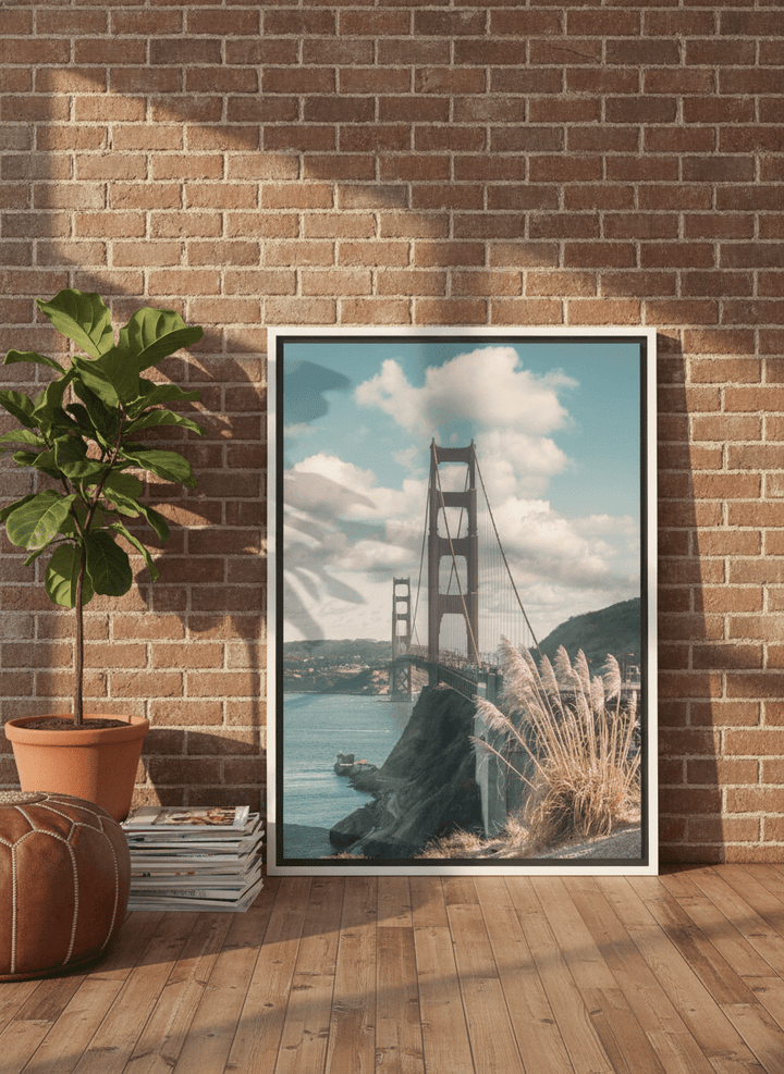 Canvas wall art with a white surround leaning against the wall in an industrial loft dining room