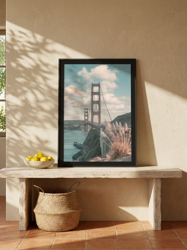 Modern wall art print standing on a console in a Mediterranean dining room