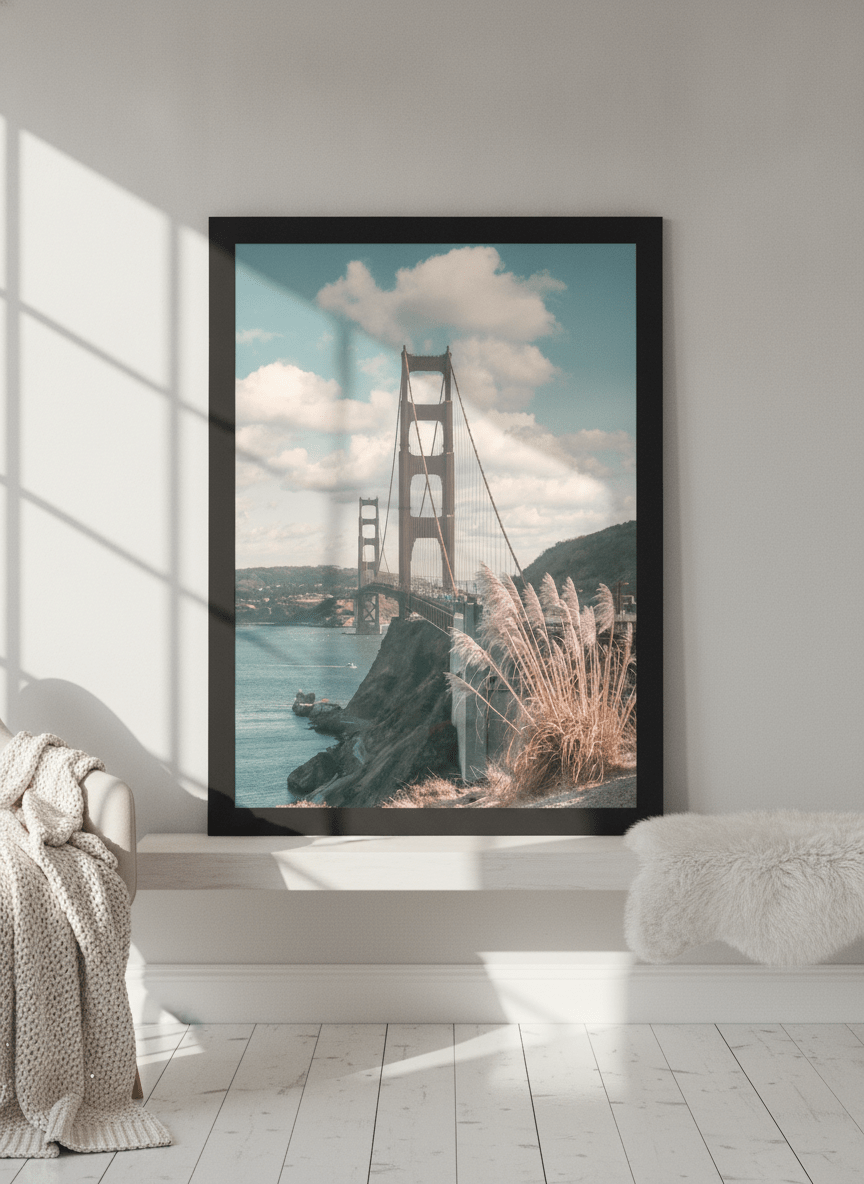 Modern wall art print standing on a shelf in a bright Scandinavian home office