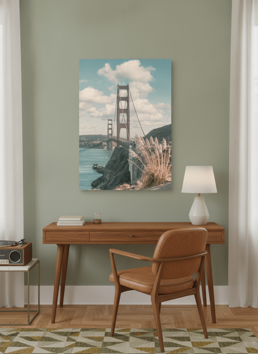 Stretched canvas wall art styled on the wall in a mid-century home office
