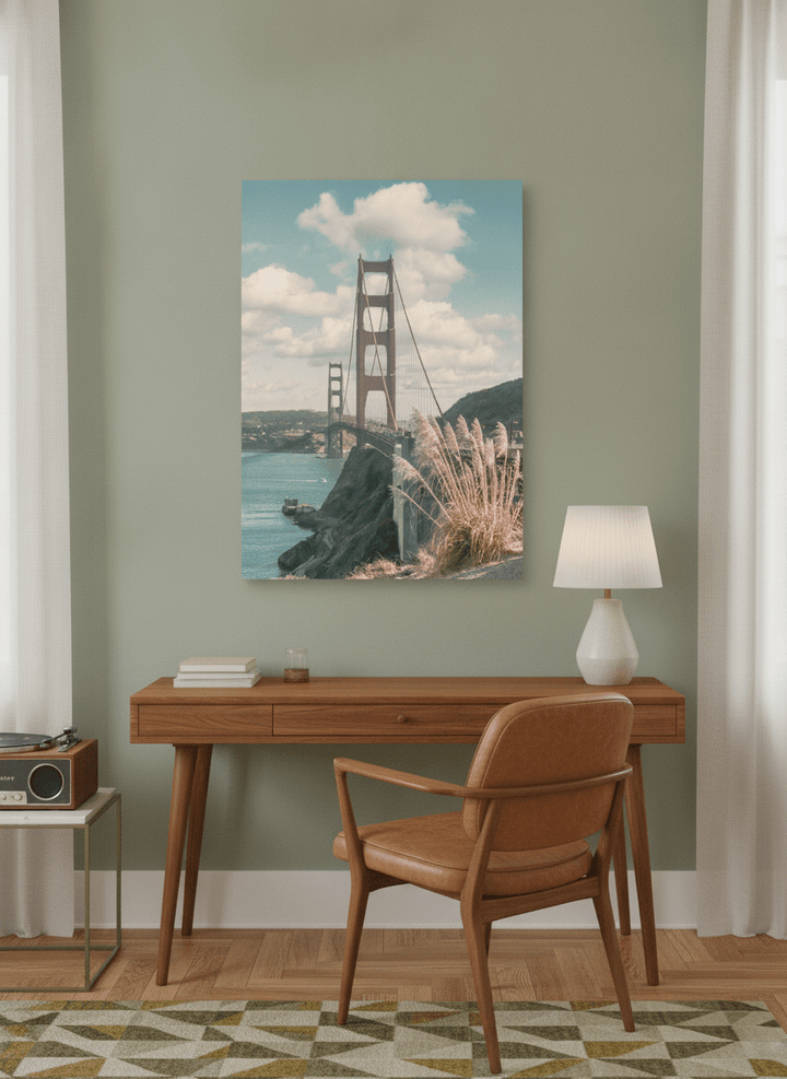 Stretched canvas wall art styled on the wall in a mid-century home office
