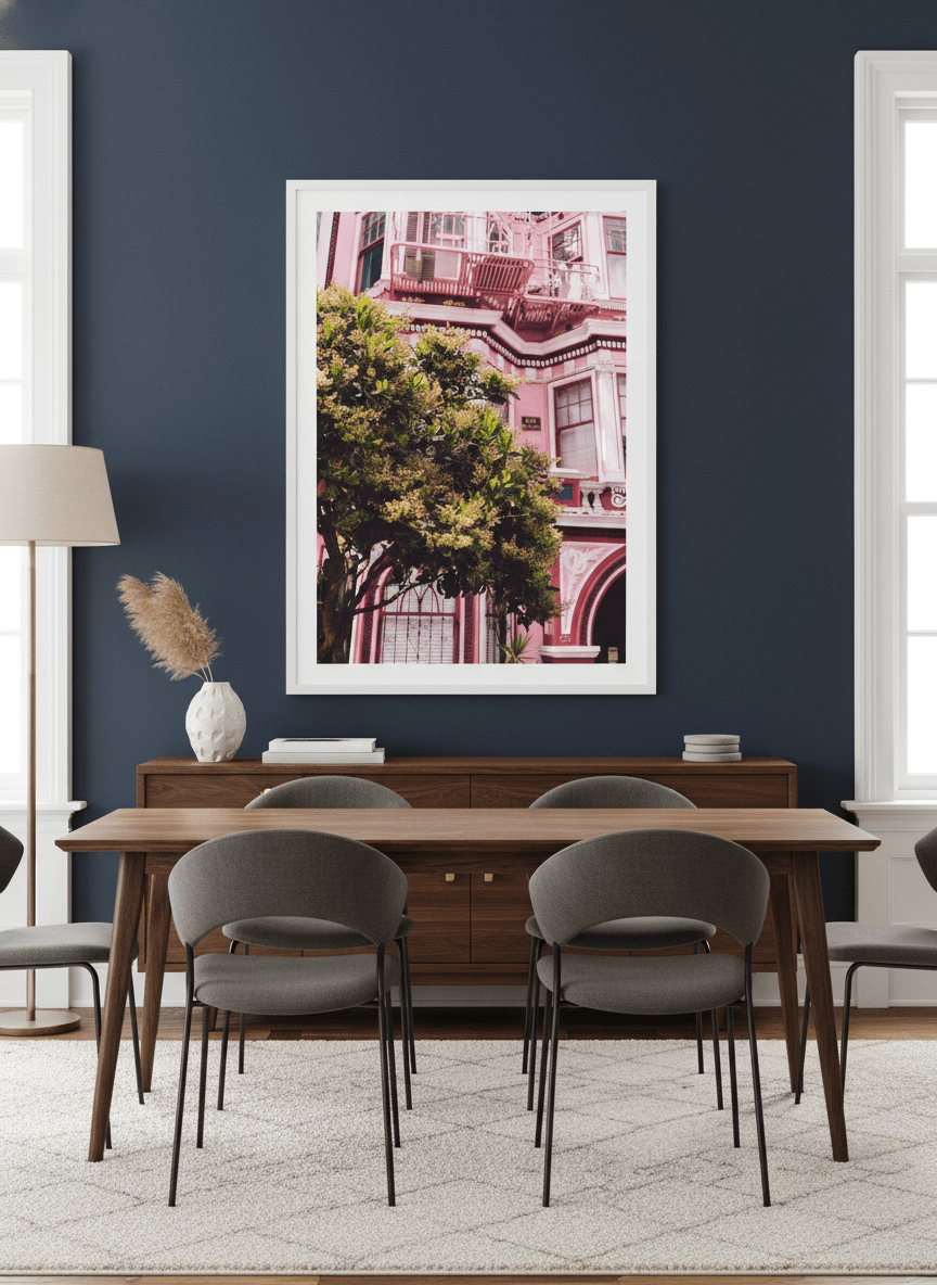 Monumental artwork centred on a feature wall in a luxe interior