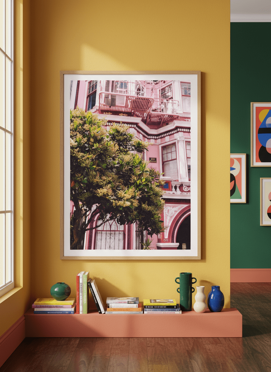 Bold wall art styled in a colourful, eclectic modern home