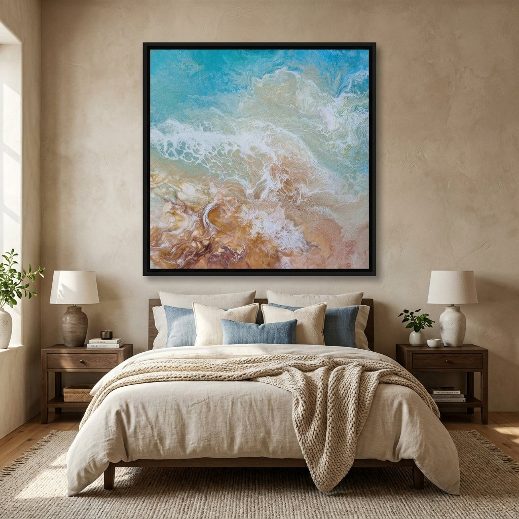 Canvas wall art with a black surround styled in a calm, light-filled bedroom