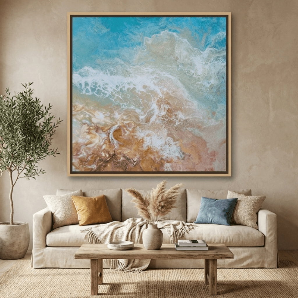 Oversized statement canvas wall art with a natural timber surround styled in a neutral living room