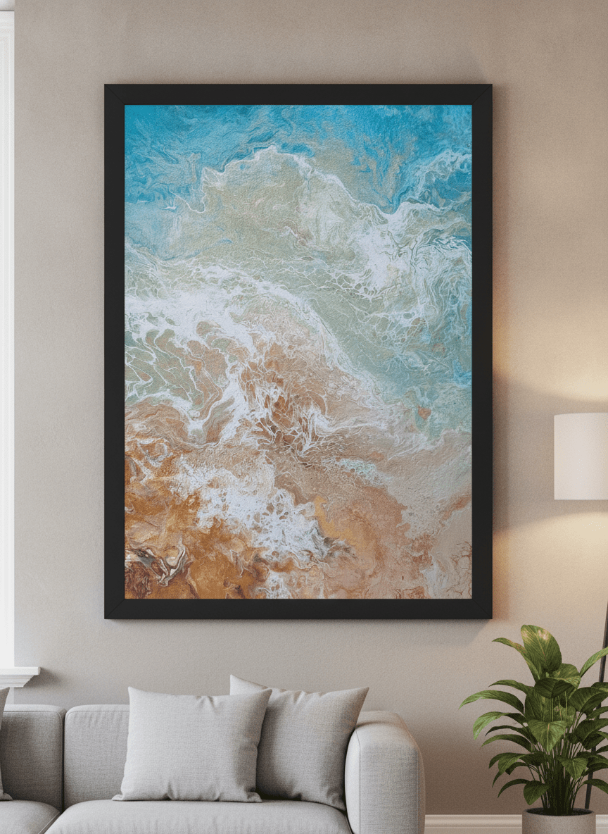 Modern wall art styled above a sofa in a neutral living room
