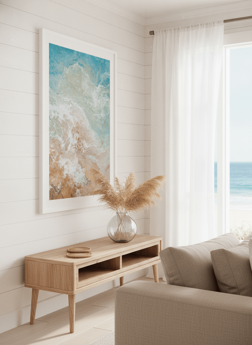 Neutral wall art displayed in a sunny coastal beach house