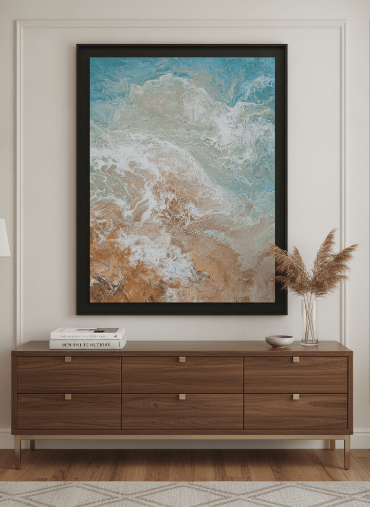 Monumental artwork centred on a feature wall in a luxe interior