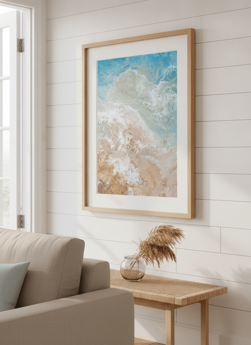 Neutral wall art displayed in a sunny coastal beach house