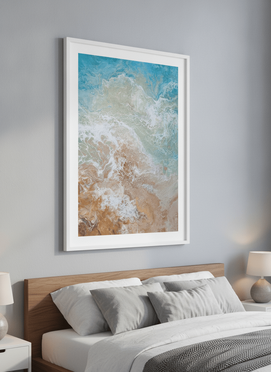Minimalist artwork displayed in a calm, light-filled bedroom interior