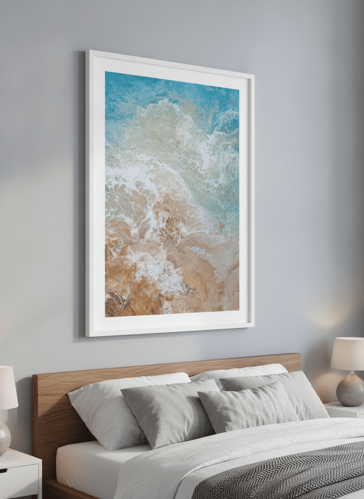 Minimalist artwork displayed in a calm, light-filled bedroom interior