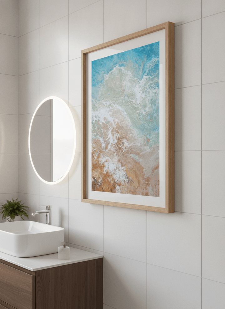 Modern print displayed in a clean minimalist bathroom setting