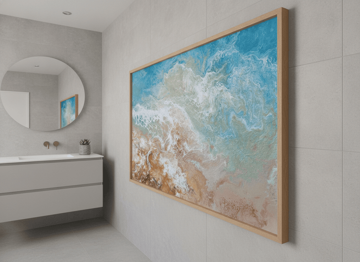 Modern print displayed in a clean minimalist bathroom setting