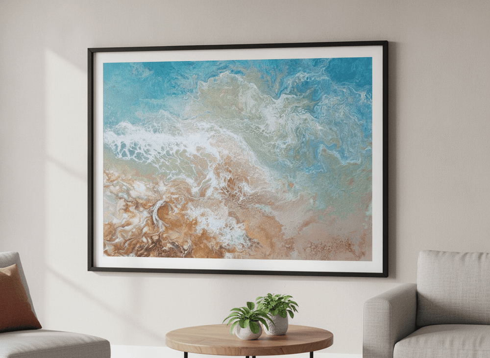 Modern wall art styled above a sofa in a neutral living room