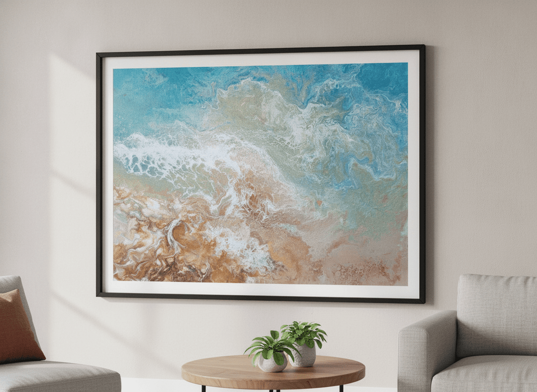 Modern wall art styled above a sofa in a neutral living room