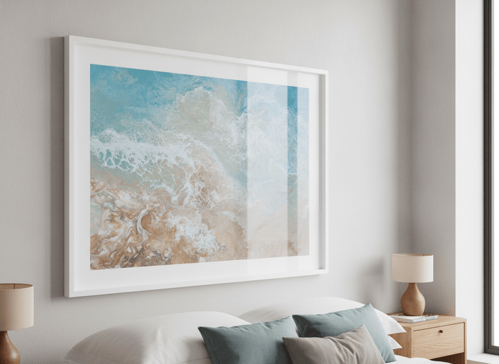 Minimalist artwork displayed in a calm, light-filled bedroom interior
