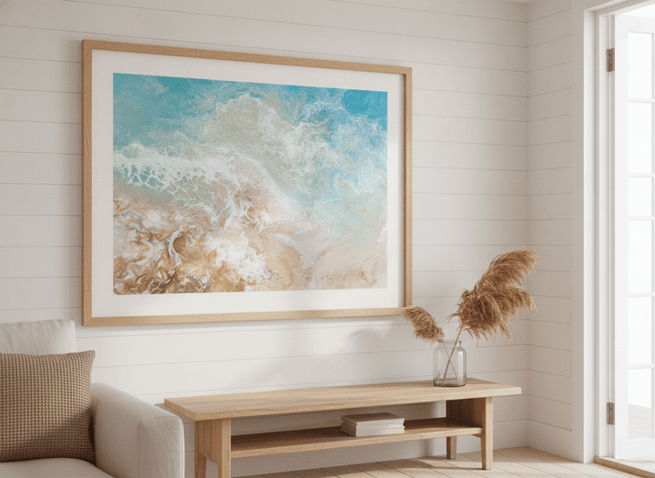 Neutral wall art displayed in a sunny coastal beach house
