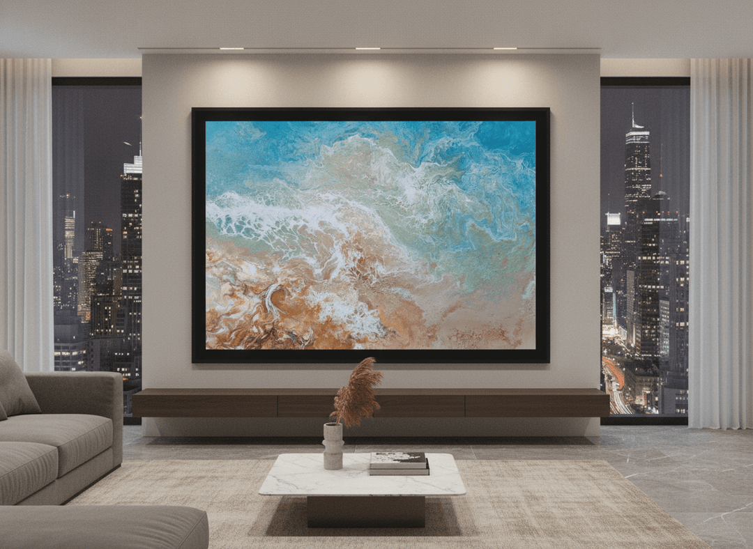 Monumental artwork centred on a feature wall in a luxe interior