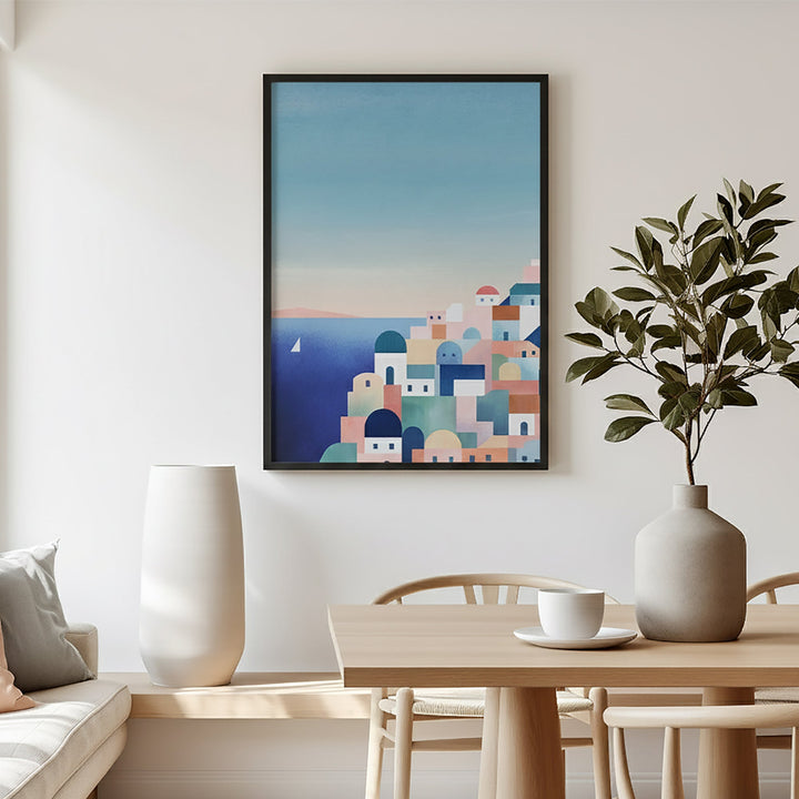 Modern interior with a colorful abstract painting, table, chairs, and decorative items.