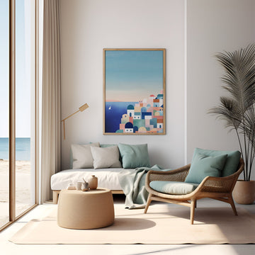 Modern living room with a beach-themed painting on the wall