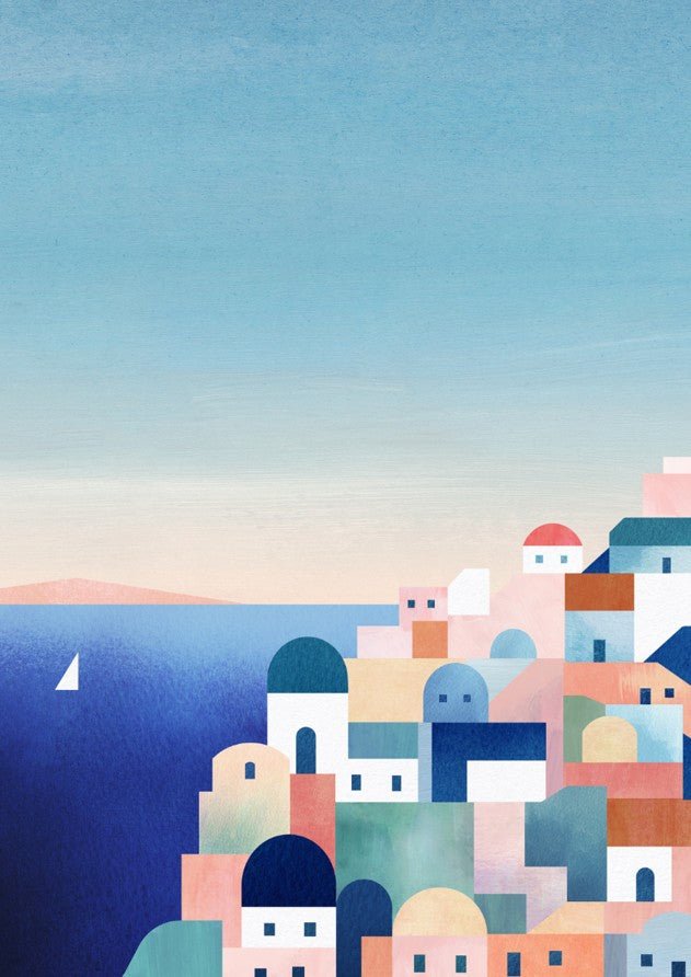 Geometric cityscape with colorful buildings by the sea. framed