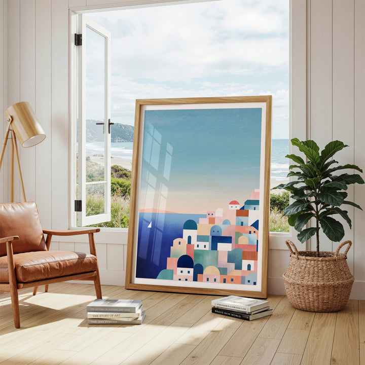 Abstract art print in a modern living room with a view of the sea.