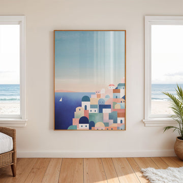 Abstract artwork of a coastal scene with geometric shapes on a wall in a room with windows and a plant.