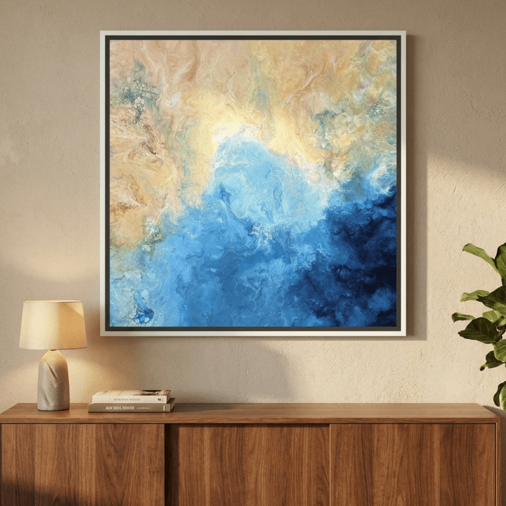 Canvas wall art with a white surround styled in a bright modern office